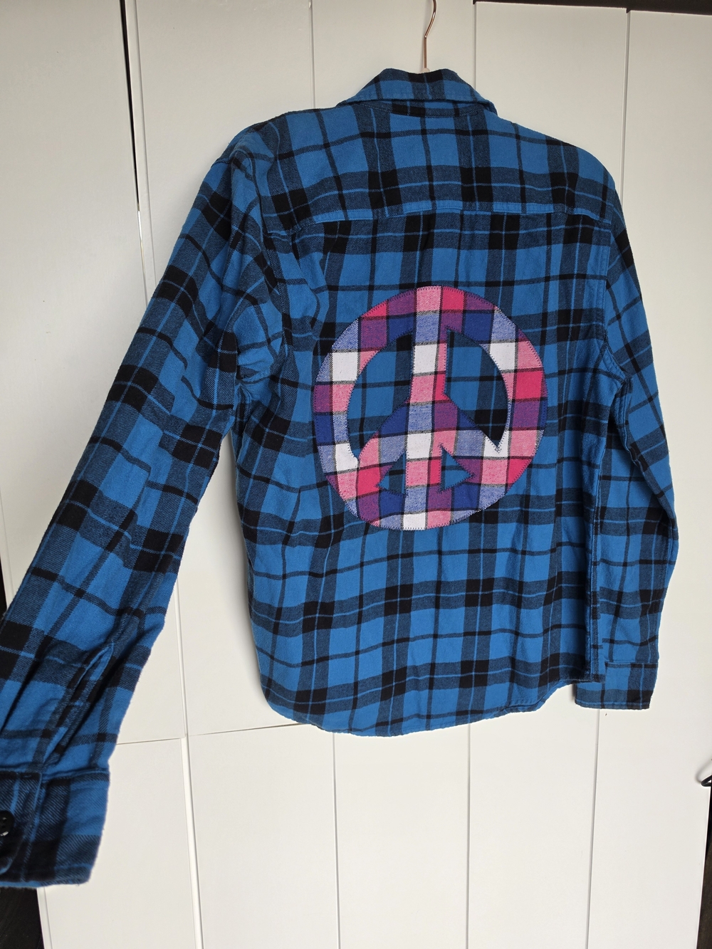 American Eagle Plaid Flannel Shirt with Peace Sign Patch
